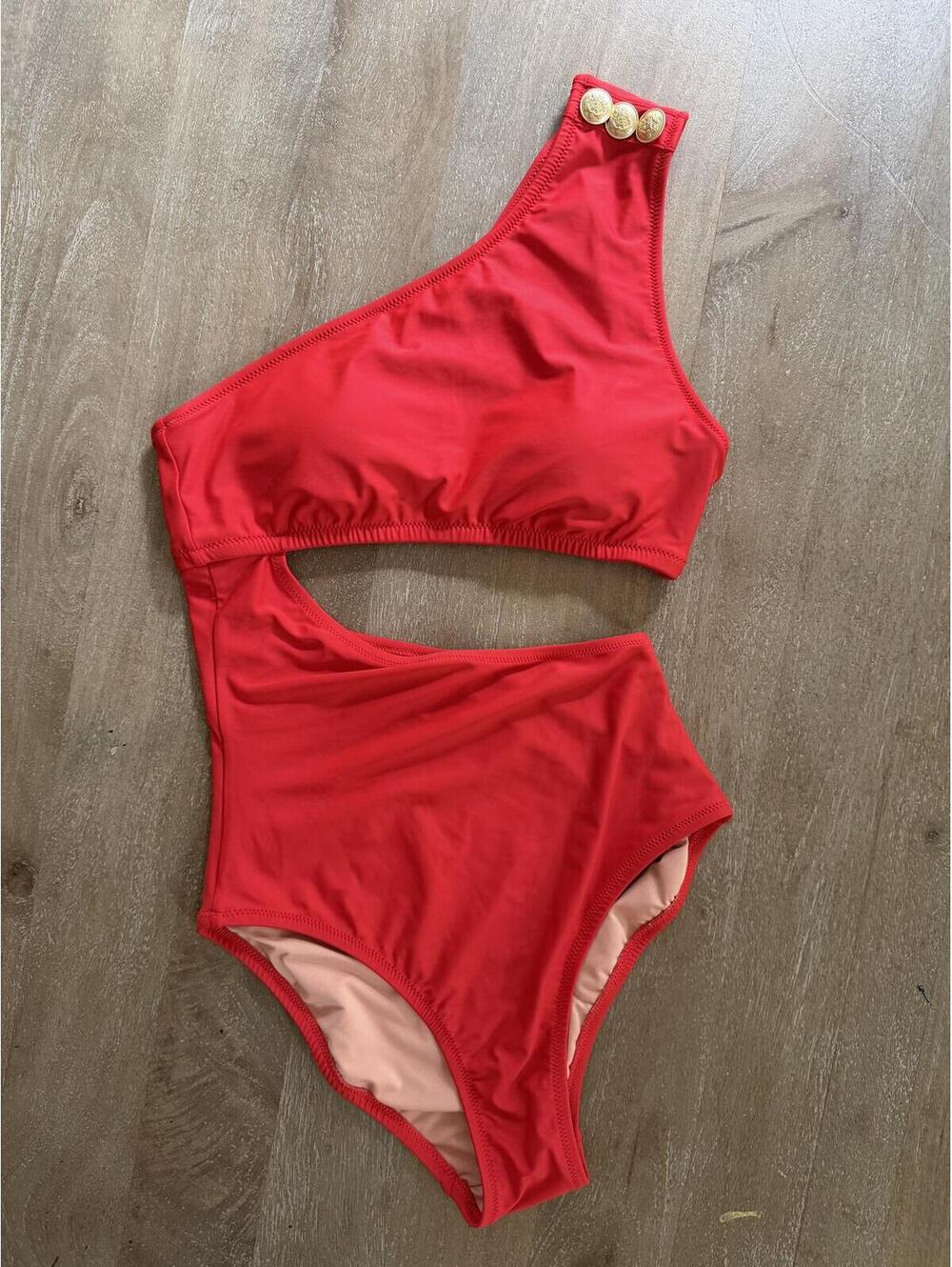 J. Crew Cutout One Piece Full Coverage Buttons Swimsuit Womens Red